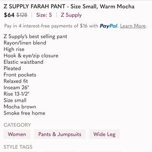 Z SUPPLY FARAH PANT - Size medium ,Warm Mocha